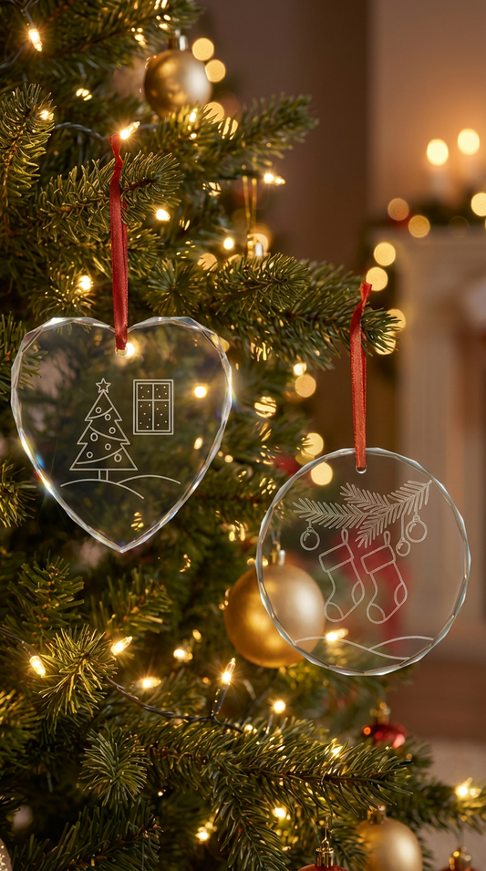 Engraved Crystal Glass Ornament — Christmas Stockings & Pine Branch