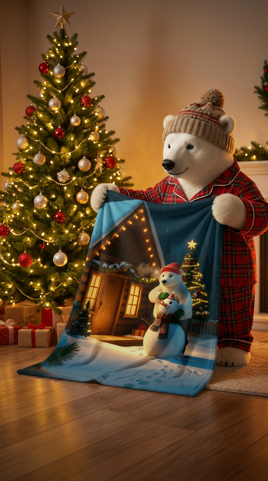 Holiday Fleece Blanket — Cozy “Boro the Bear & Snowman” Winter Cabin Scene