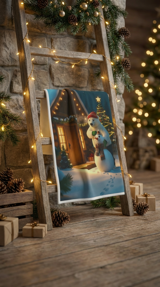 Holiday Fleece Blanket — Cozy “Boro the Bear & Snowman” Winter Cabin Scene