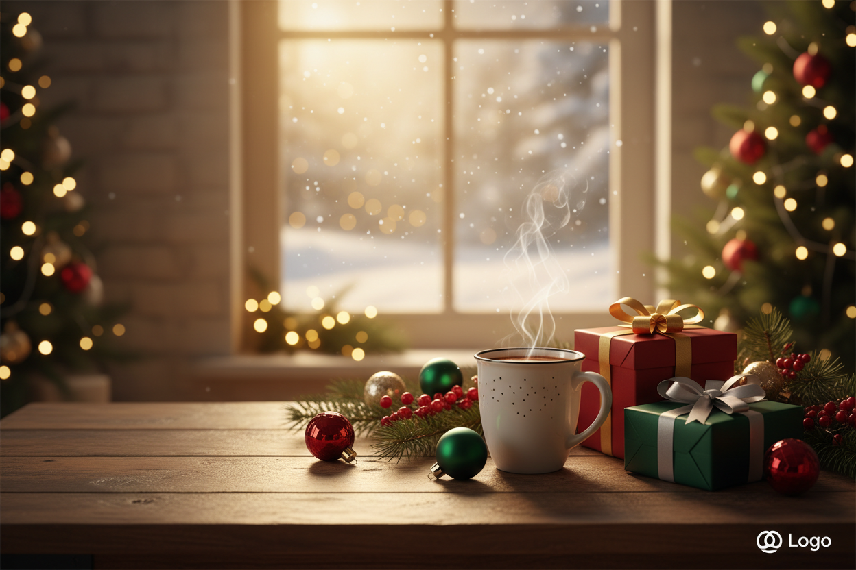 Cozy Christmas home interior scene with warm golden light and a snowy window in the background.
A mug of hot cocoa with steam, two wrapped gifts on a wooden table, fairy lights softly glowing, pine branches and ornaments nearby.
Calm, cinematic, cozy and inviting atmosphere, perfect for a winter e-commerce hero banner.
Leave empty space on one side for text and logo.